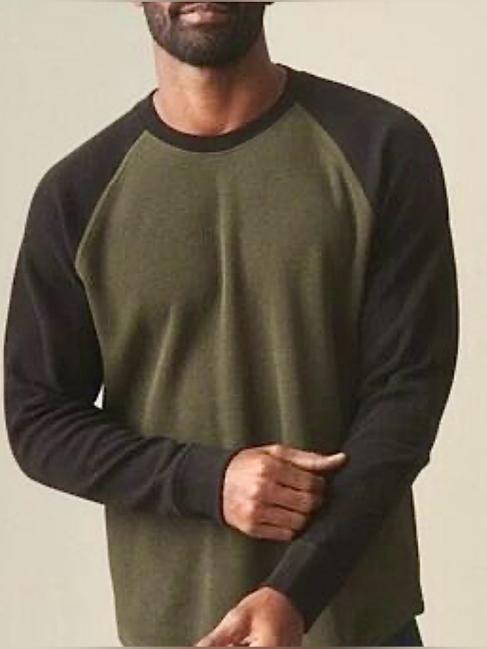 NEW American Giant Crewneck Sweatshirt in Army Green & Black, Raglan Sleeves, L